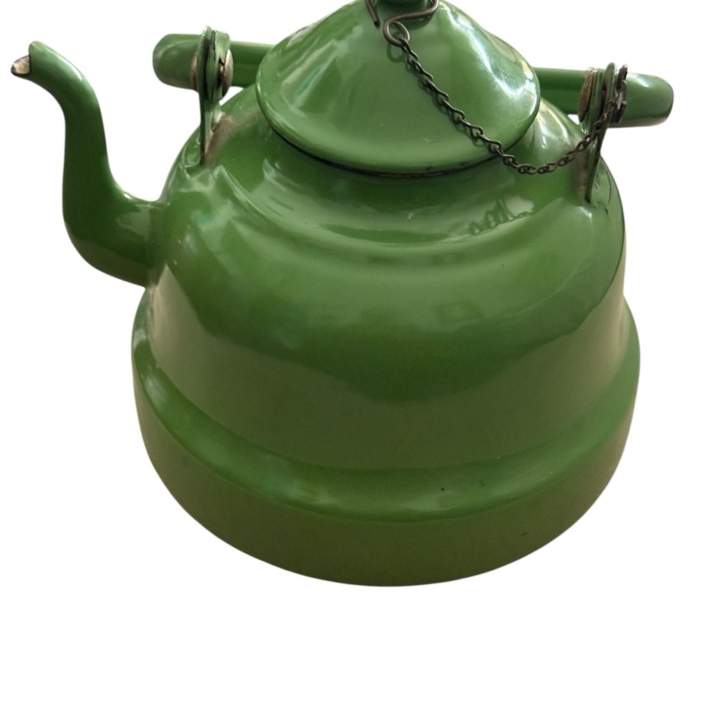 VTG Yugoslavia 16 Green Enamel Ware Granite Teapot Metal Rustic Decor Farmhouse - Picture 2 of 7